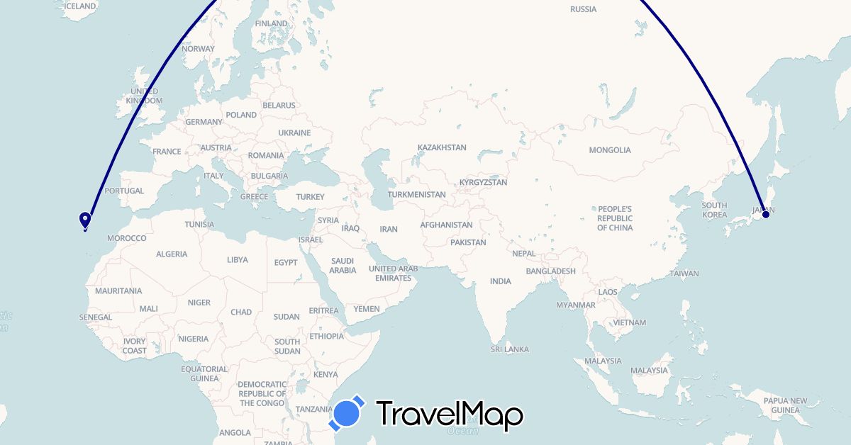 TravelMap itinerary: driving in Japan, Portugal (Asia, Europe)